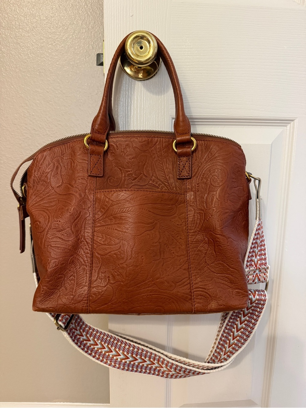Classic Embossed Leather Satchel - Brown